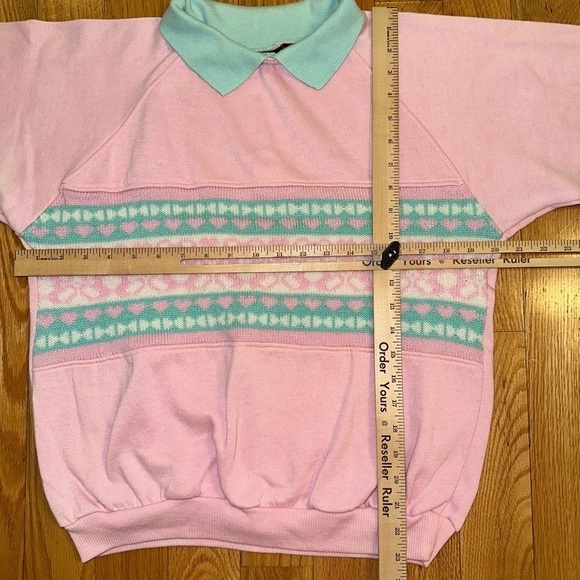 Vintage Gitano Collared Sweatshirt Teddy Bear Hearts Nordic Print M pink 80s - Picture 7 of 7